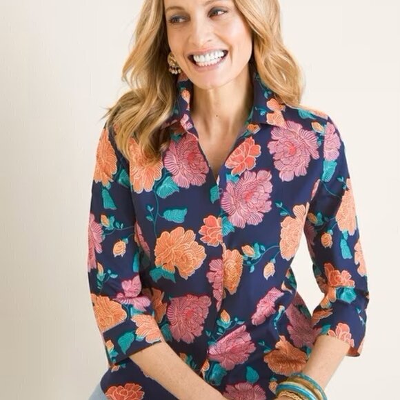 Chico's | Navy Floral Stain Shield No Iron Shirt | Size XL - Picture 2 of 9